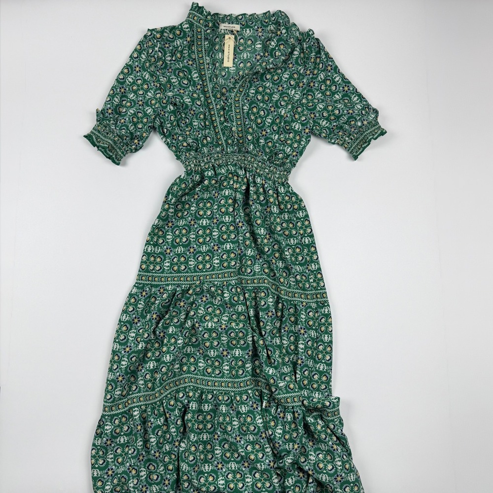 Floral Smocked Max Studio Green Rayon Maxi Dress Size M Medium - Picture 2 of 13